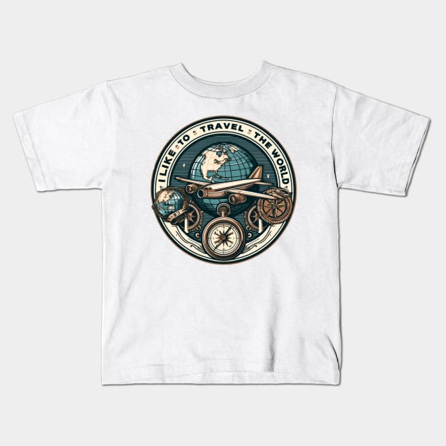 Vintage Retro Global Adventure Badge - I like to travel the world Kids T-Shirt by POD24